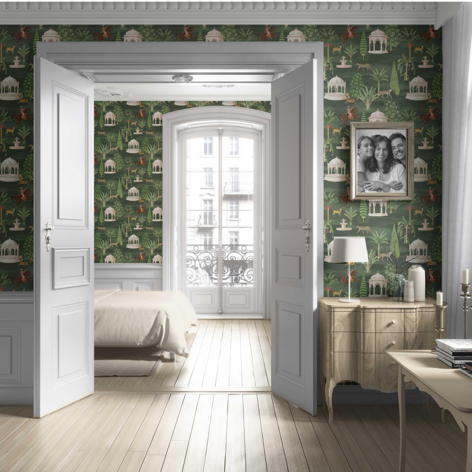 Vintage Heritage/ Ethnic Chinoiserie Living Room Wallpaper (Green/ White/ Brown/ Red)