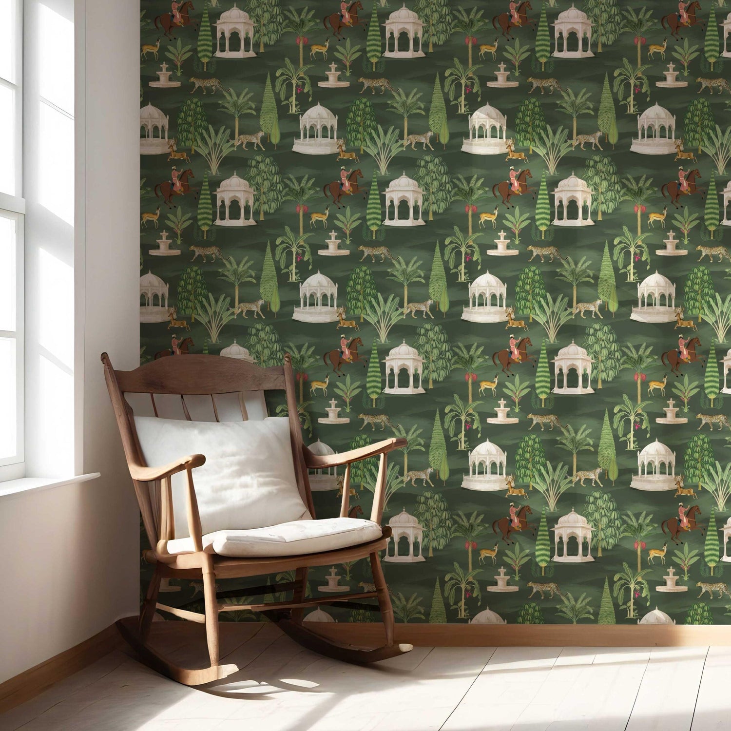 Vintage Heritage/ Ethnic Chinoiserie Nursery Wallpaper (Green/ White/ Brown/ Red)