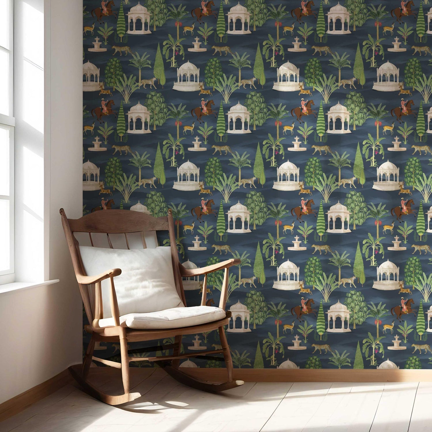 Vintage Heritage/ Ethnic Chinoiserie Nursery Wallpaper (Navy Blue/ Green/ White/ Brown/ Red)