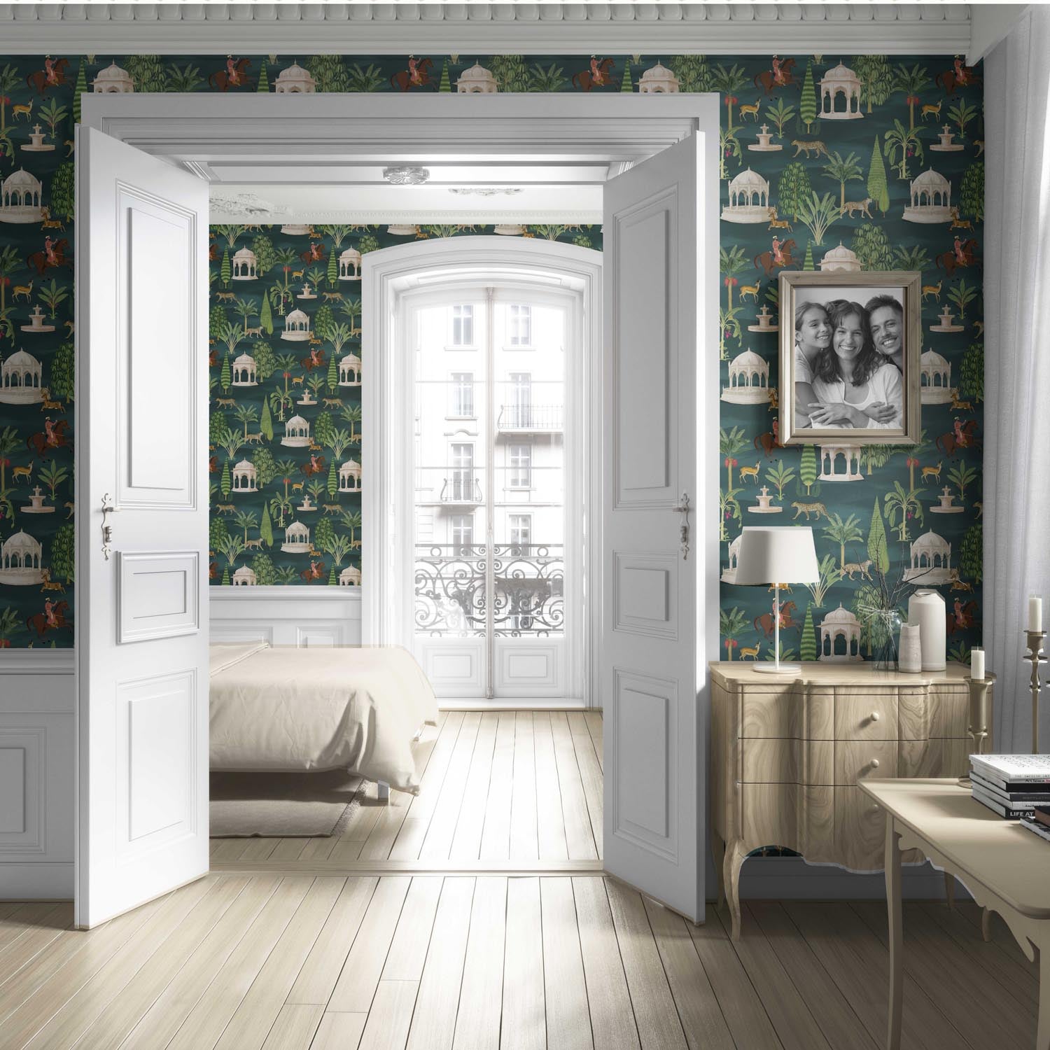 Vintage Heritage/ Ethnic Chinoiserie Living Room Wallpaper (Teal Green/ White/ Brown/ Red)
