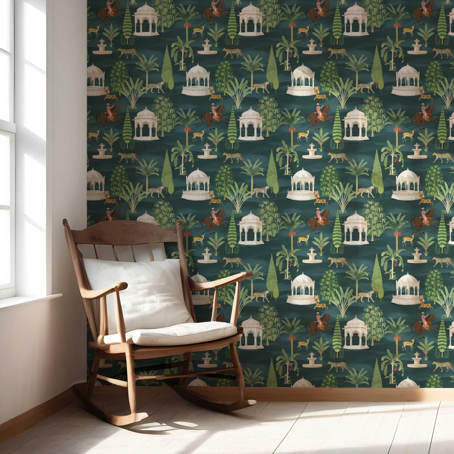 Vintage Heritage/ Ethnic Chinoiserie Nursery Wallpaper (Teal Green/ White/ Brown/ Red)