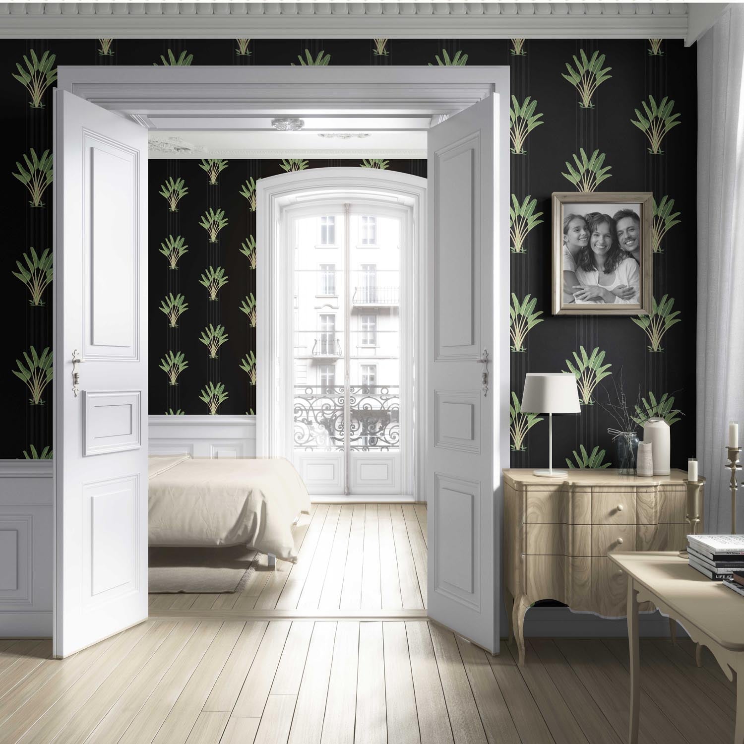 Botanical/ Floral Block Print Living Room Wallpaper (Black/ Green)
