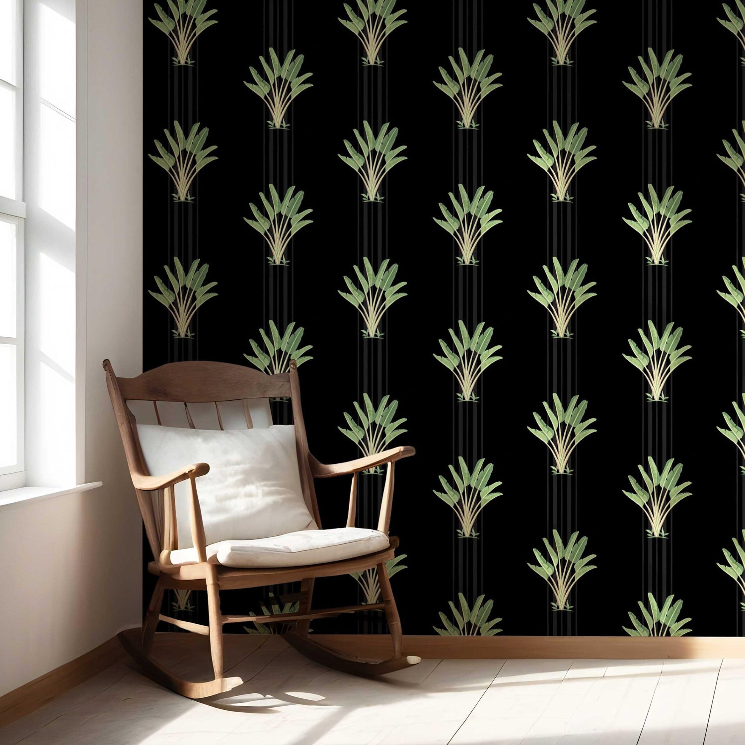 Botanical/ Floral Block Print Nursery Wallpaper (Black/ Green)
