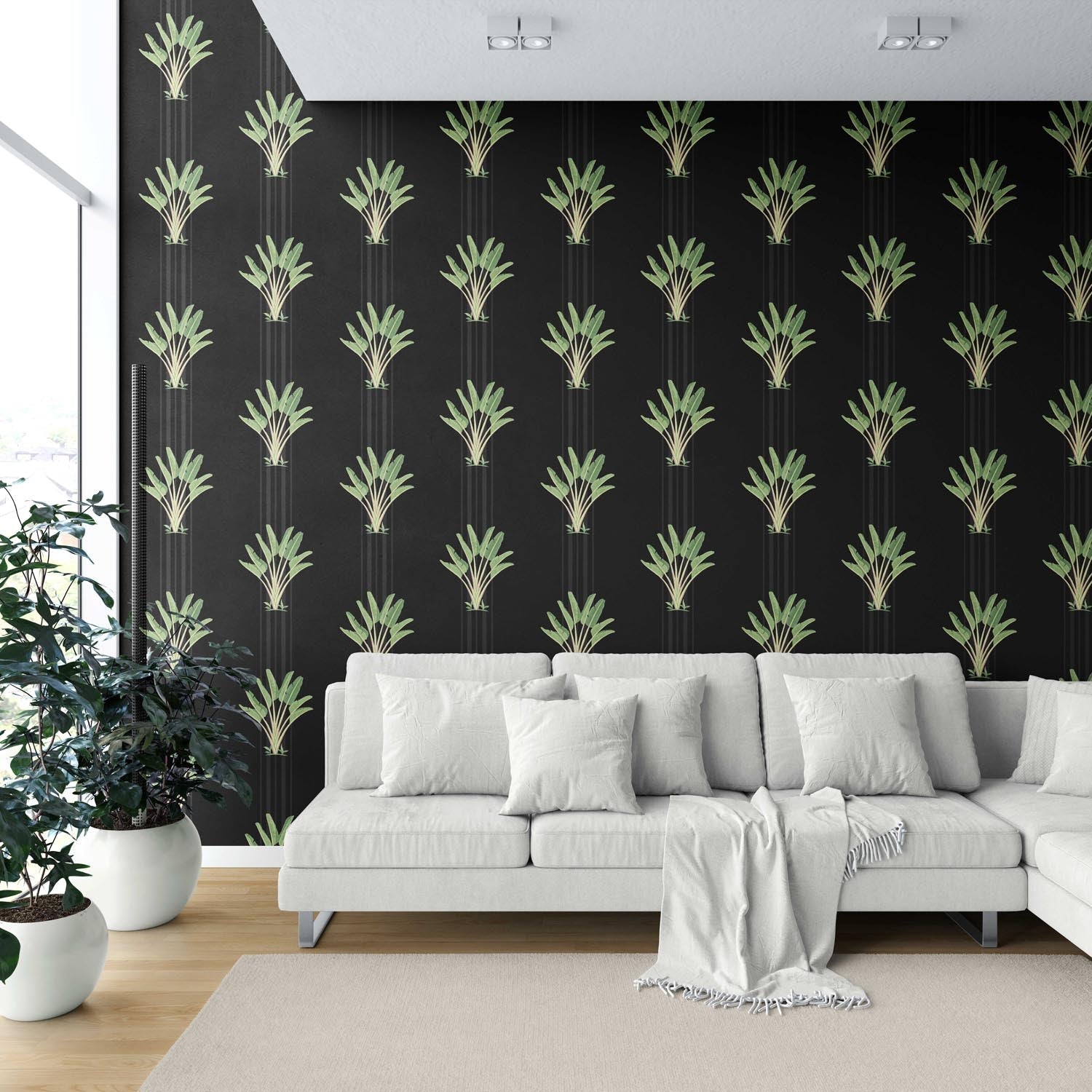 Botanical/ Floral Block Print Shower Toilet Wallpaper (Black/ Green)