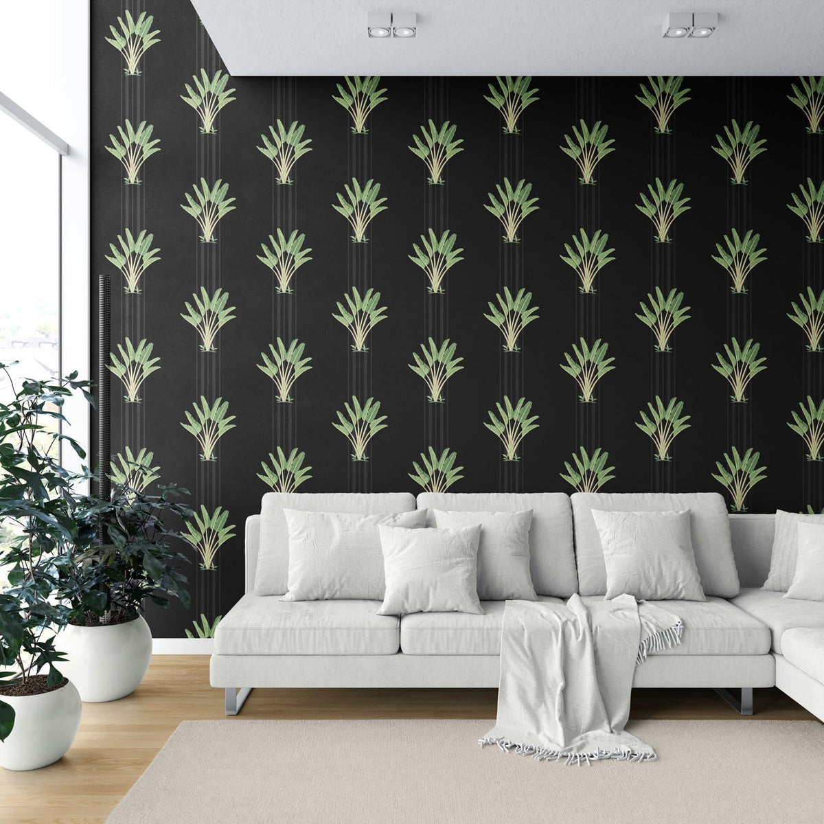 Botanical/ Floral Block Print Shower Toilet Wallpaper (Black/ Green)