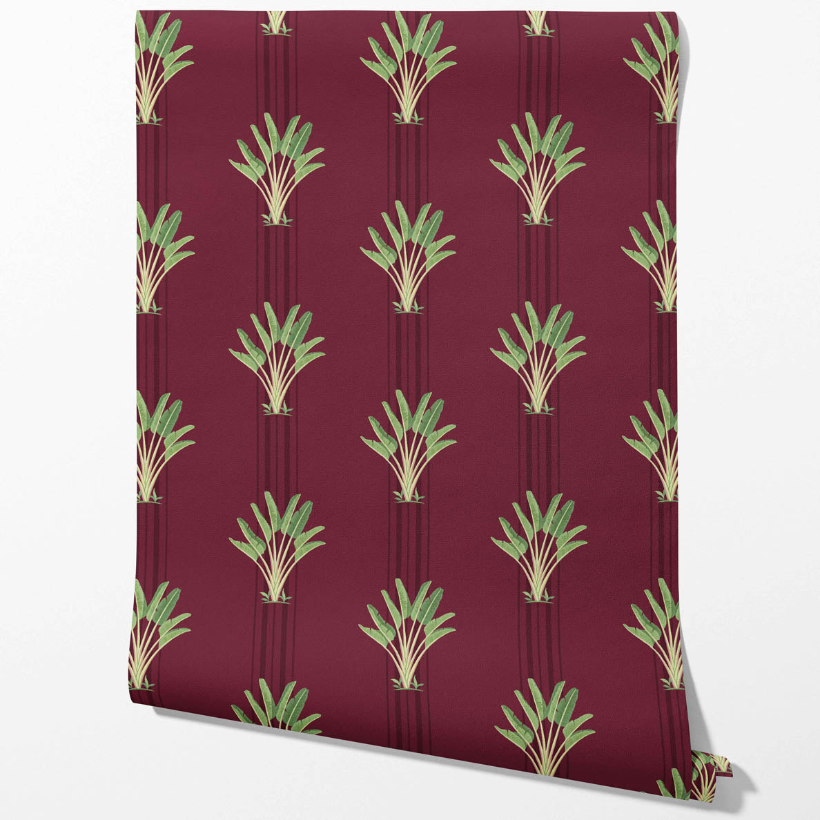 Botanical/ Floral Block Print Kitchen Wallpaper (Deep Red/ Green)