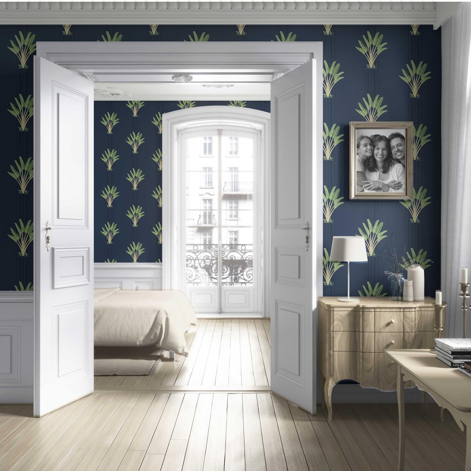 Botanical/ Floral Block Print Living Room Wallpaper (Navy Blue/ Green)
