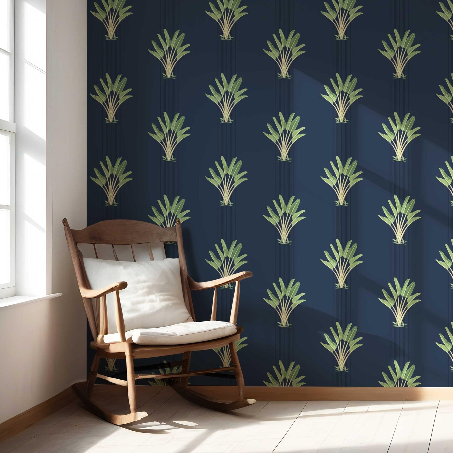 Botanical/ Floral Block Print Nursery Wallpaper (Navy Blue/ Green)