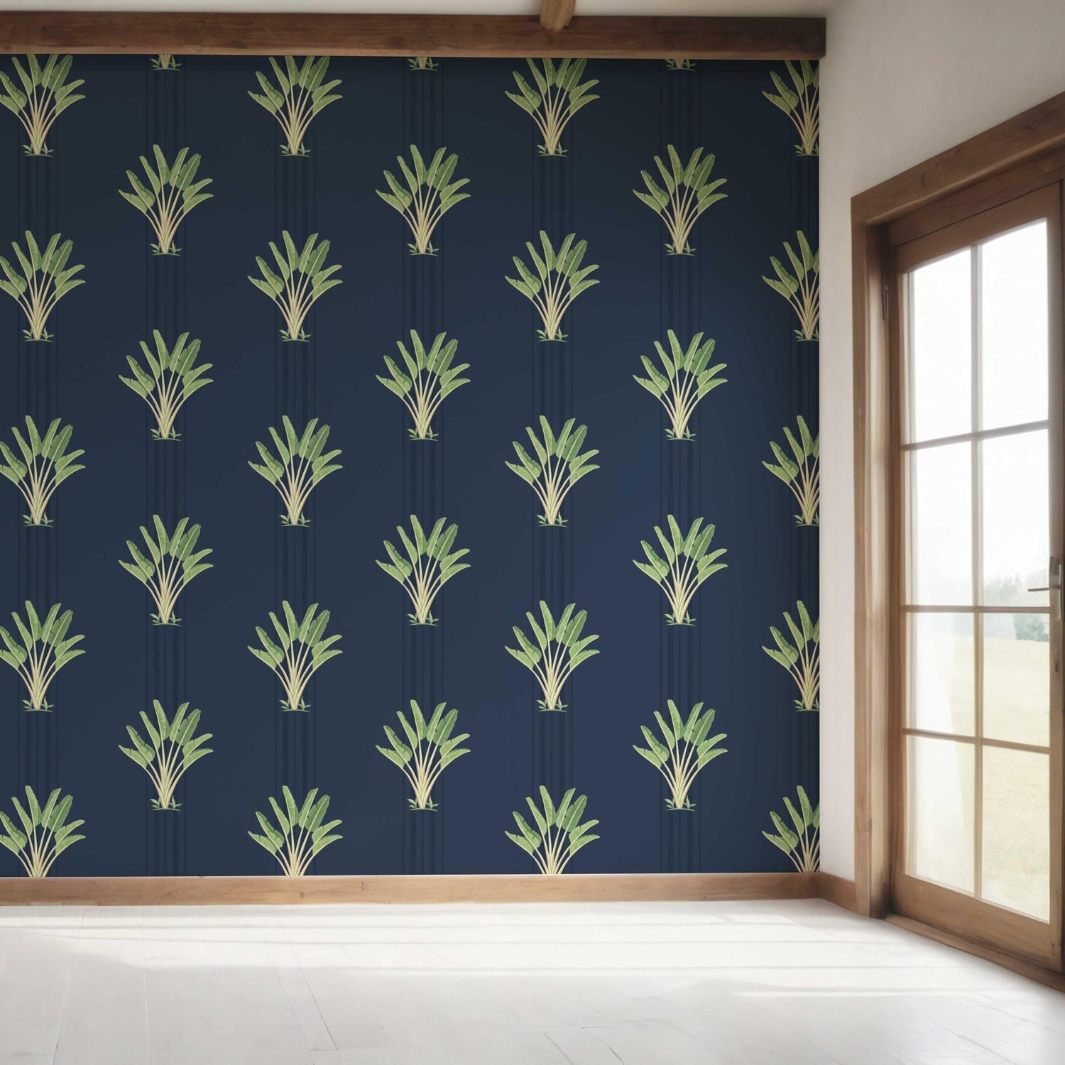 Botanical/ Floral Block Print Bedroom Wallpaper (Navy Blue/ Green)