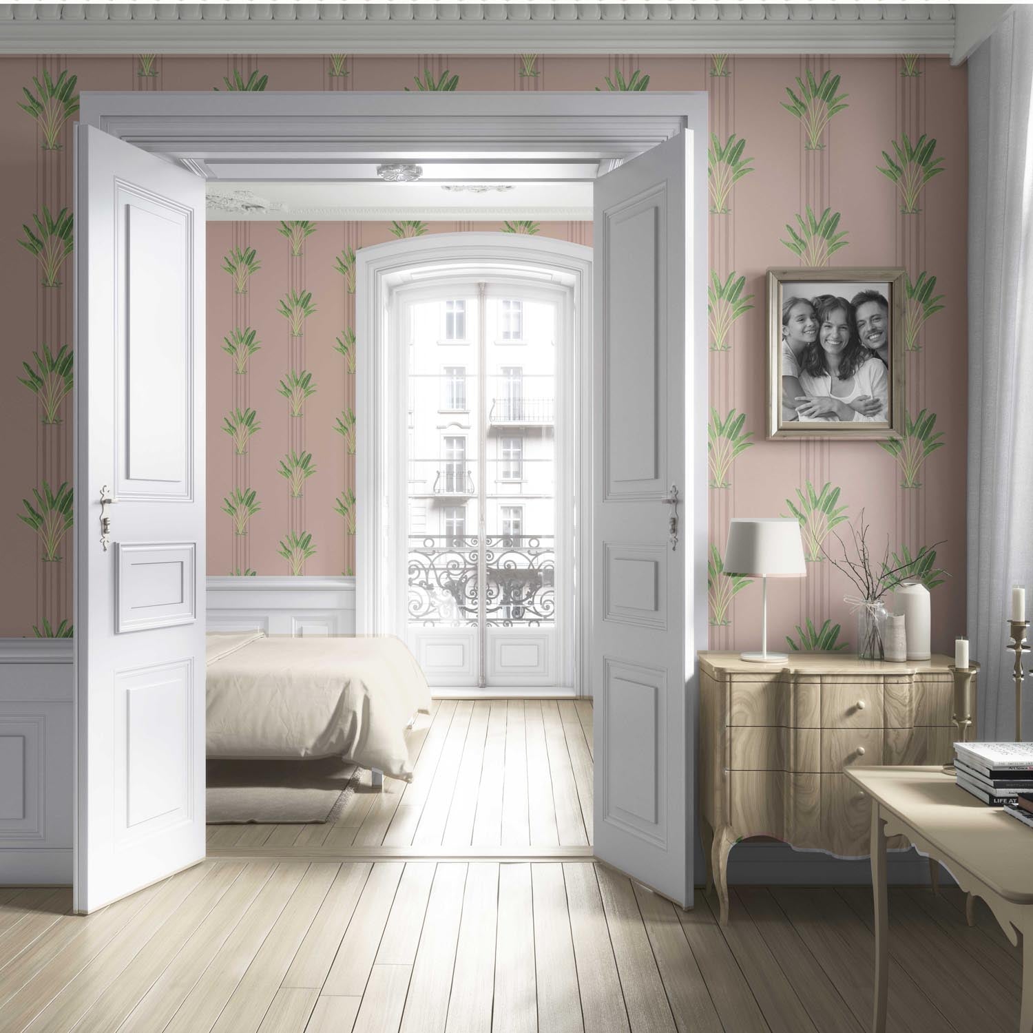 Botanical/ Floral Block Print Living Room Wallpaper (Pink/ Green)