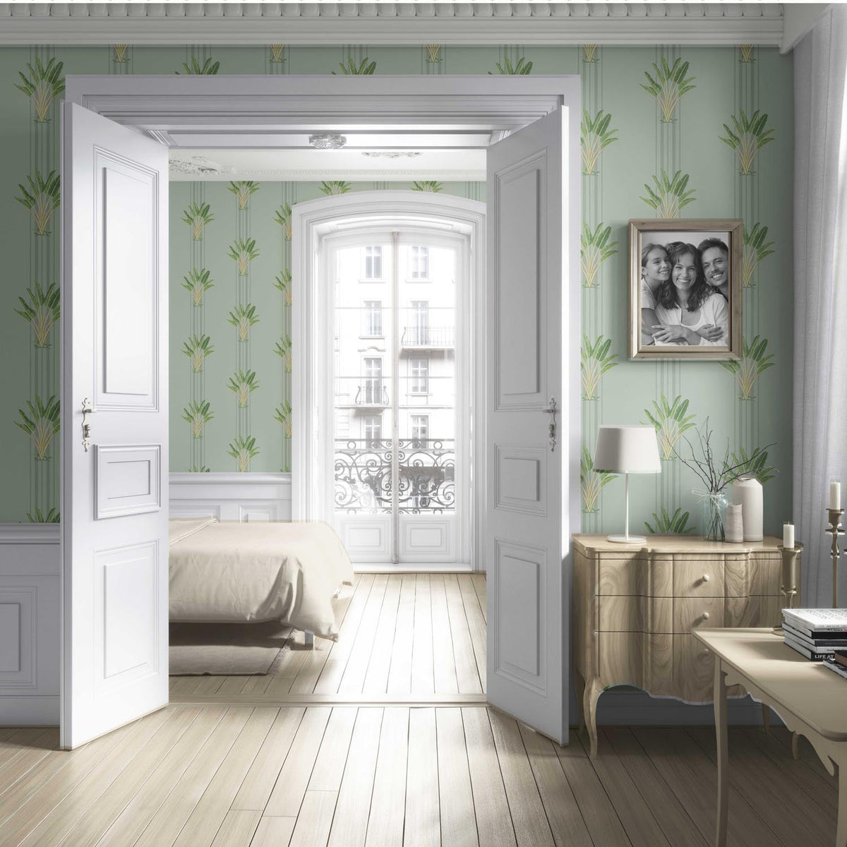 Botanical/ Floral Block Print Living Room Wallpaper (Duck Egg Blue/ Green)