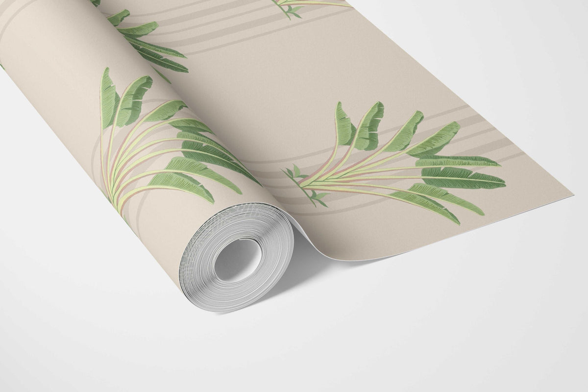 Botanical/ Floral Block Print Bathroom Wallpaper (Beige/ Cream/ Green)