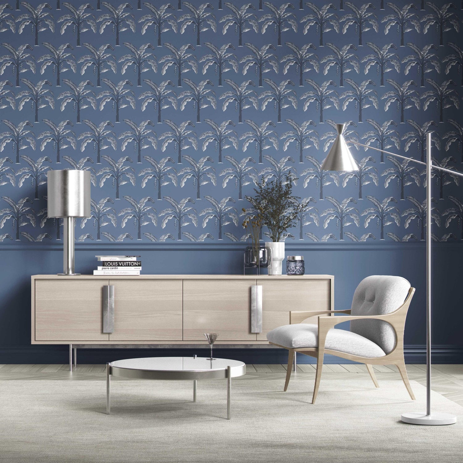 Floral/ Botanical Palm Trees Patterned Kitchen Wallpaper (Navy Blue/ Gray)