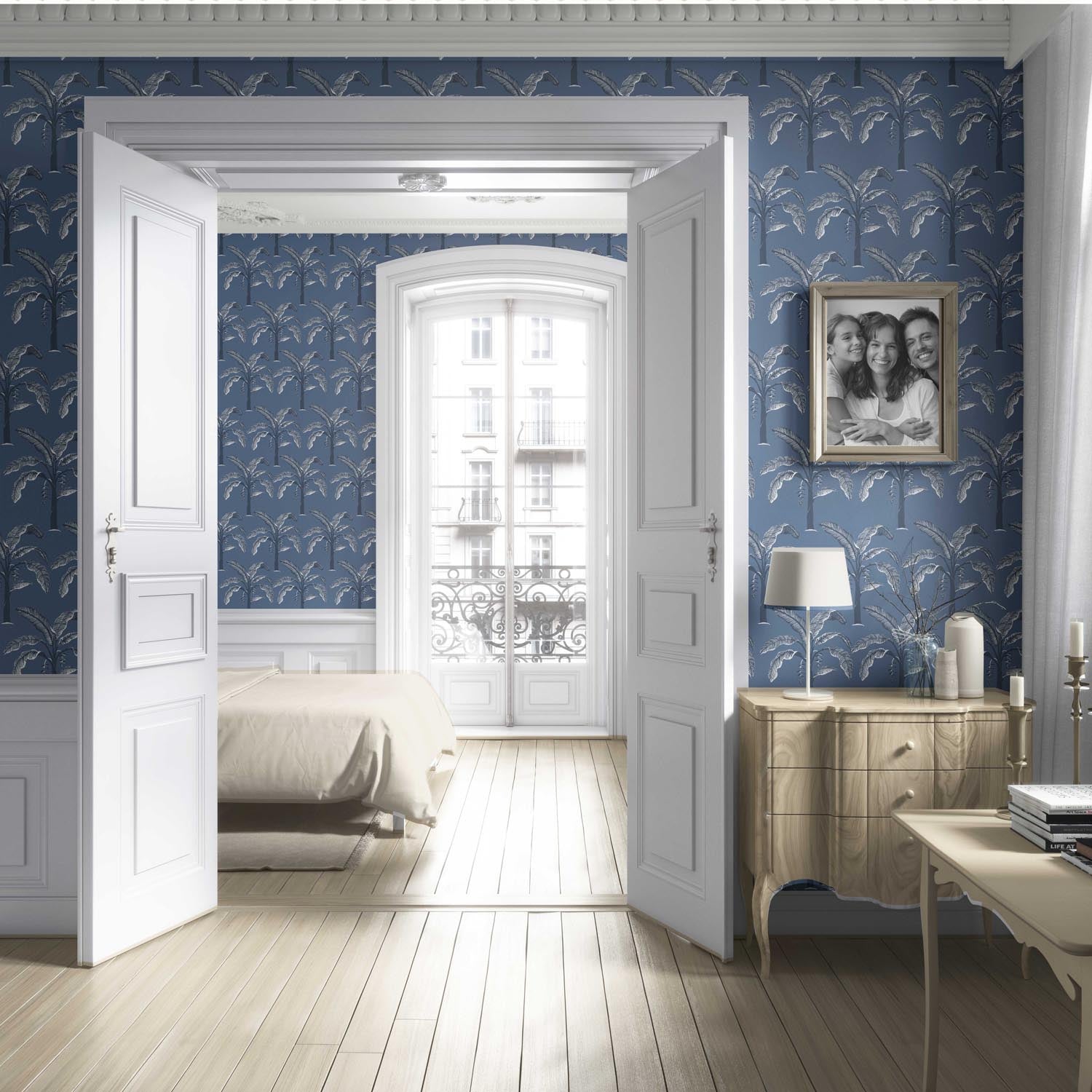 Floral/ Botanical Palm Trees Patterned Living Room Wallpaper (Navy Blue/ Gray)
