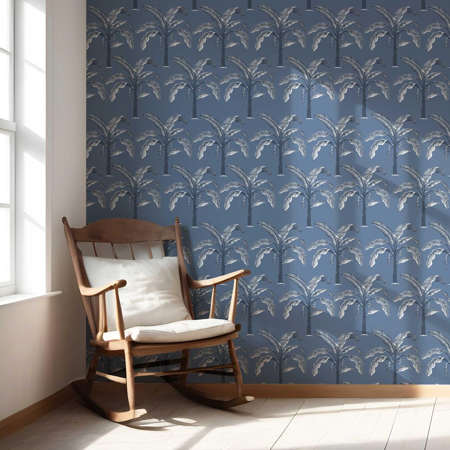 Floral/ Botanical Palm Trees Patterned Nursery Wallpaper (Navy Blue/ Gray)