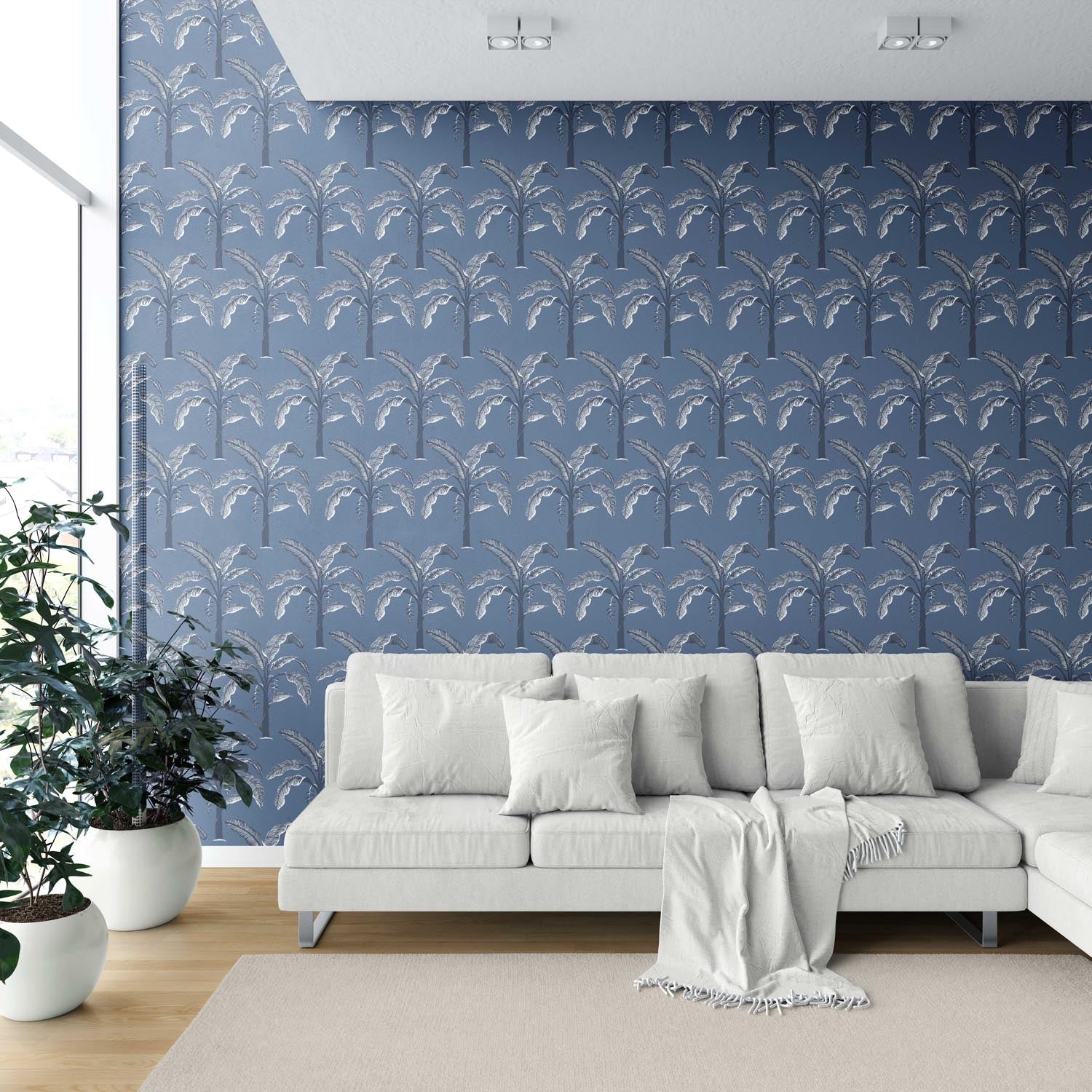Floral/ Botanical Palm Trees Patterned Shower Toilet Wallpaper (Navy Blue/ Gray)