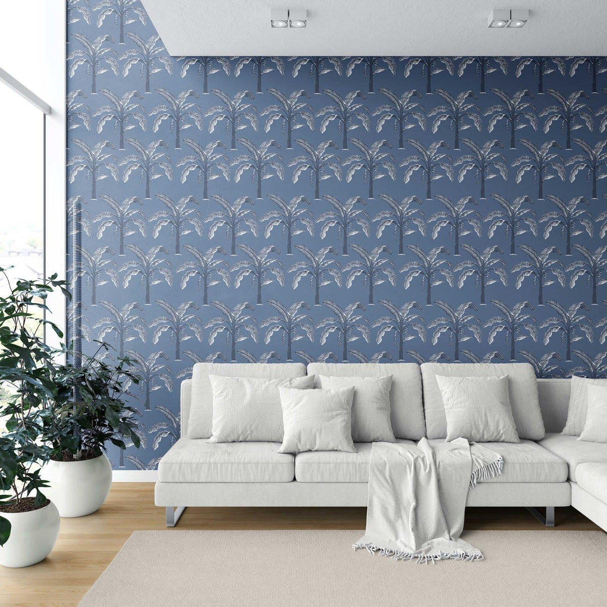 Floral/ Botanical Palm Trees Patterned Shower Toilet Wallpaper (Navy Blue/ Gray)
