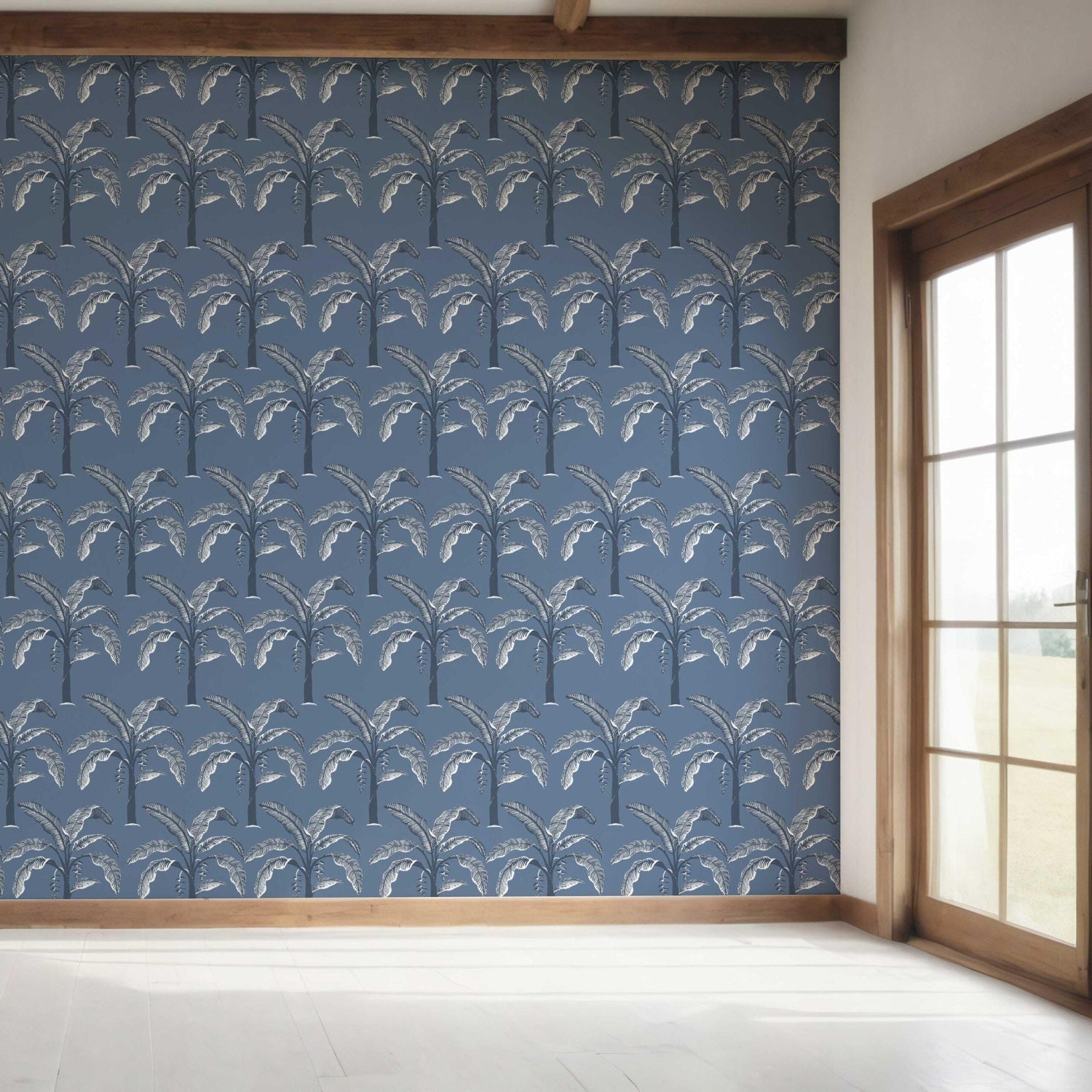 Floral/ Botanical Palm Trees Patterned Bedroom Wallpaper (Navy Blue/ Gray)