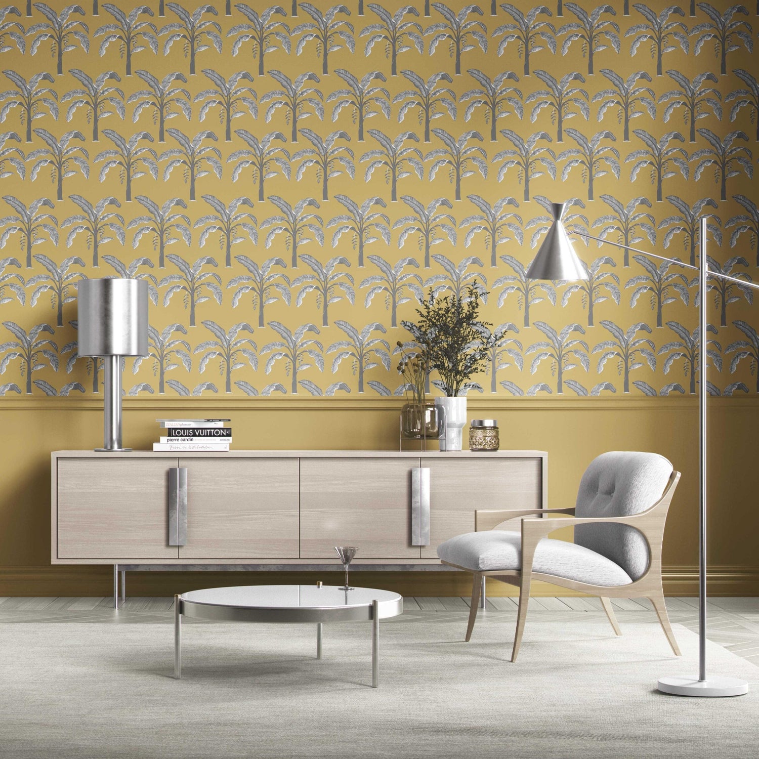 Floral/ Botanical Palm Trees Patterned Kitchen Wallpaper (Yellow/ Gray)