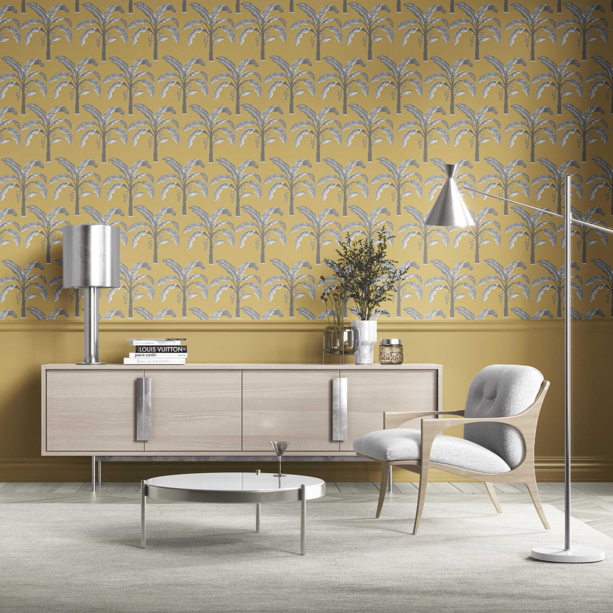 Floral/ Botanical Palm Trees Patterned Kitchen Wallpaper (Yellow/ Gray)