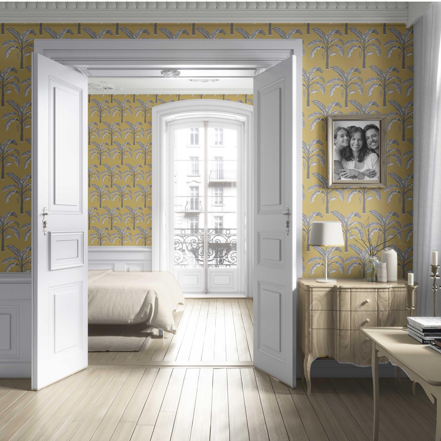 Floral/ Botanical Palm Trees Patterned Living Room Wallpaper (Yellow/ Gray)