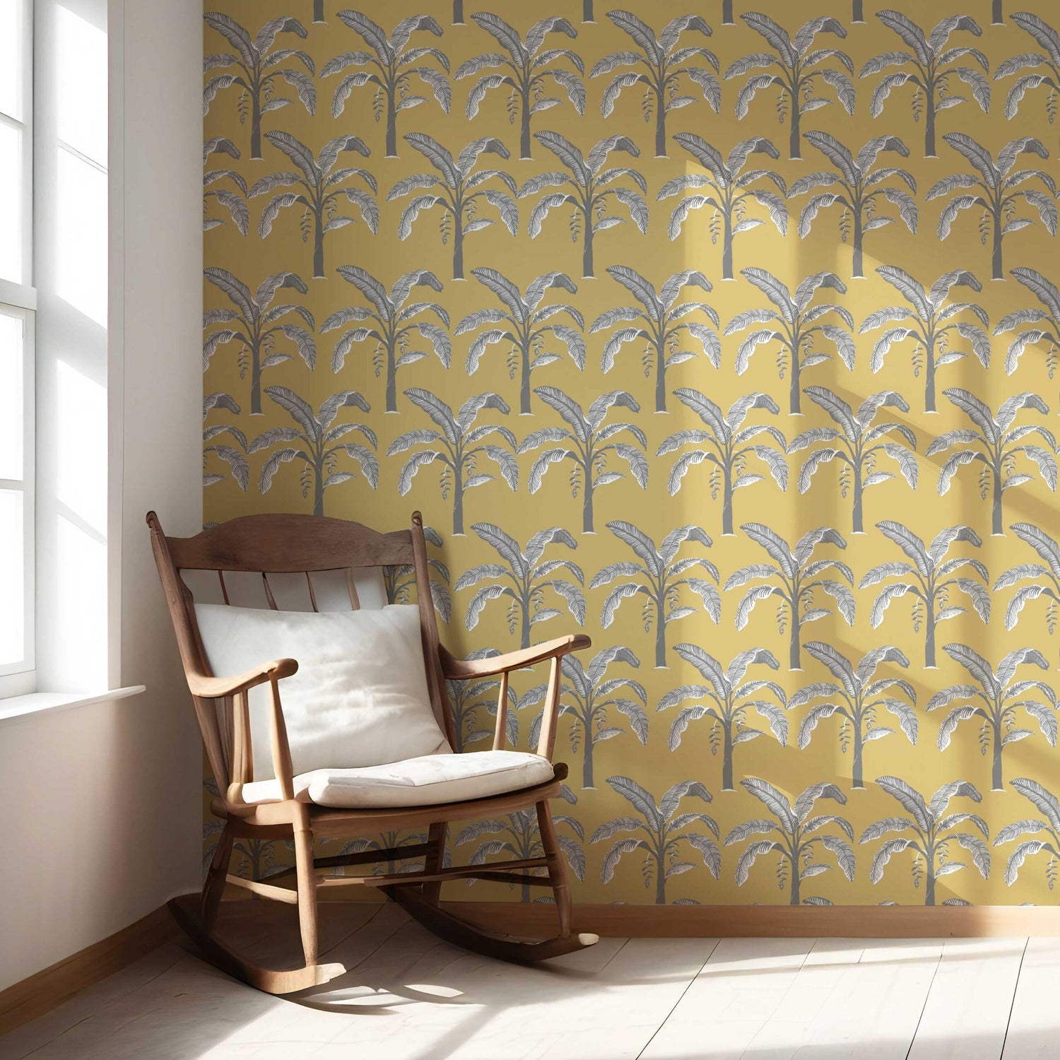 Floral/ Botanical Palm Trees Patterned Nursery Wallpaper (Yellow/ Gray)