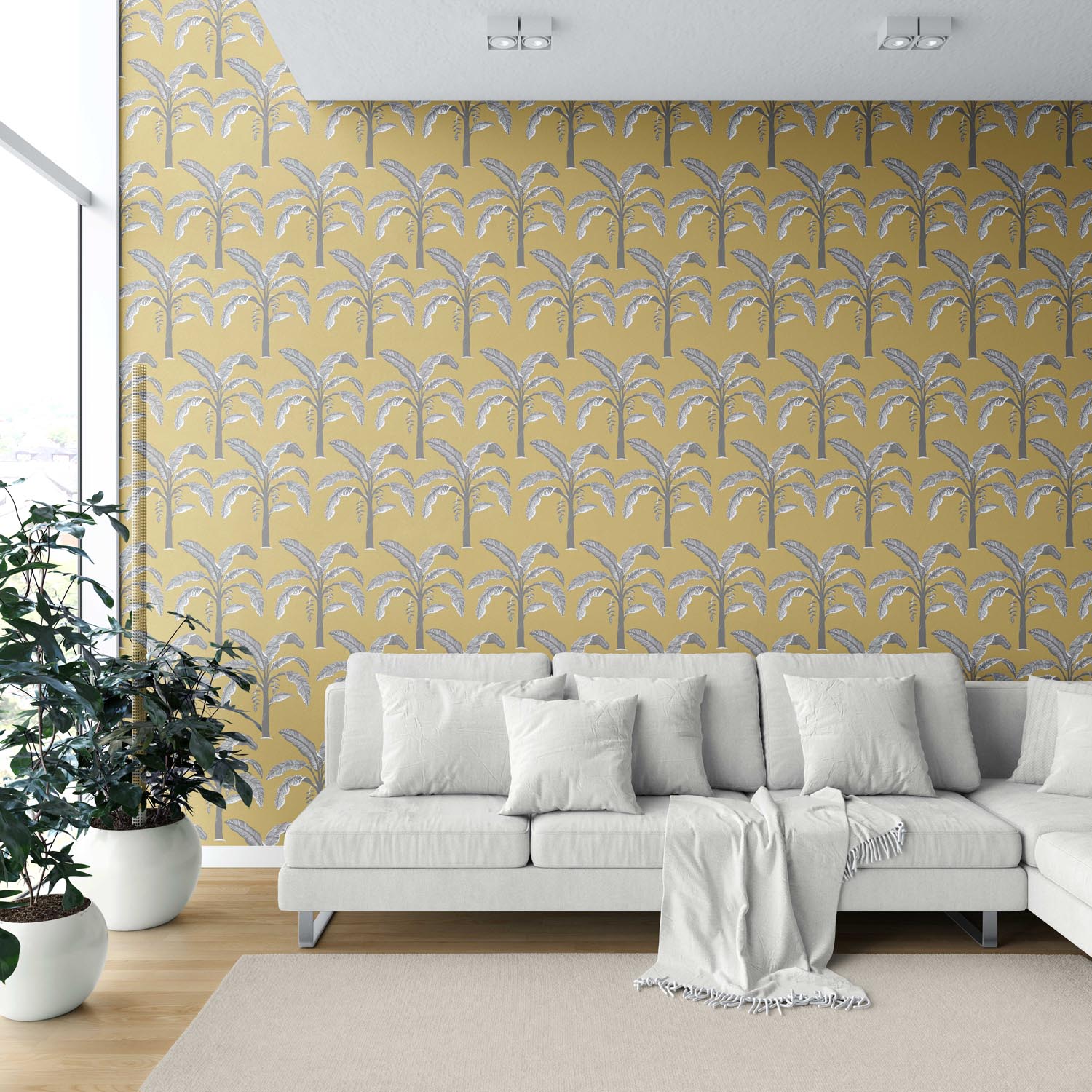 Floral/ Botanical Palm Trees Patterned Shower Toilet Wallpaper (Yellow/ Gray)
