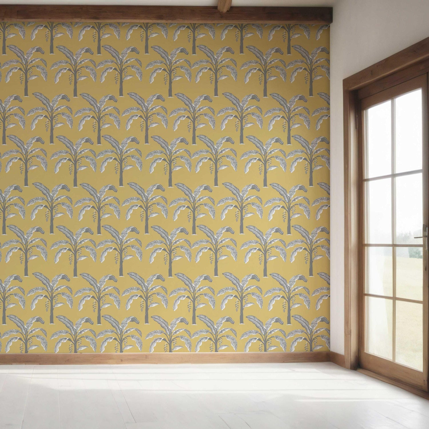 Floral/ Botanical Palm Trees Patterned Bedroom Wallpaper (Yellow/ Gray)