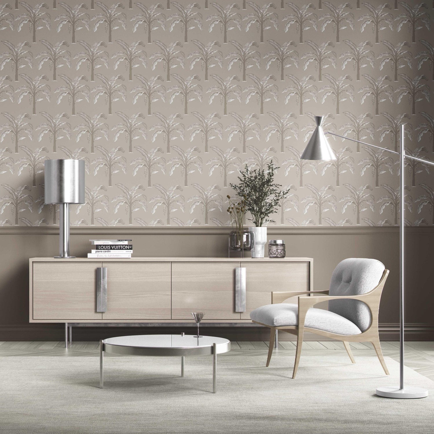 Floral/ Botanical Palm Trees Patterned Kitchen Wallpaper (Greige/ Soft Taupe/ Gray)