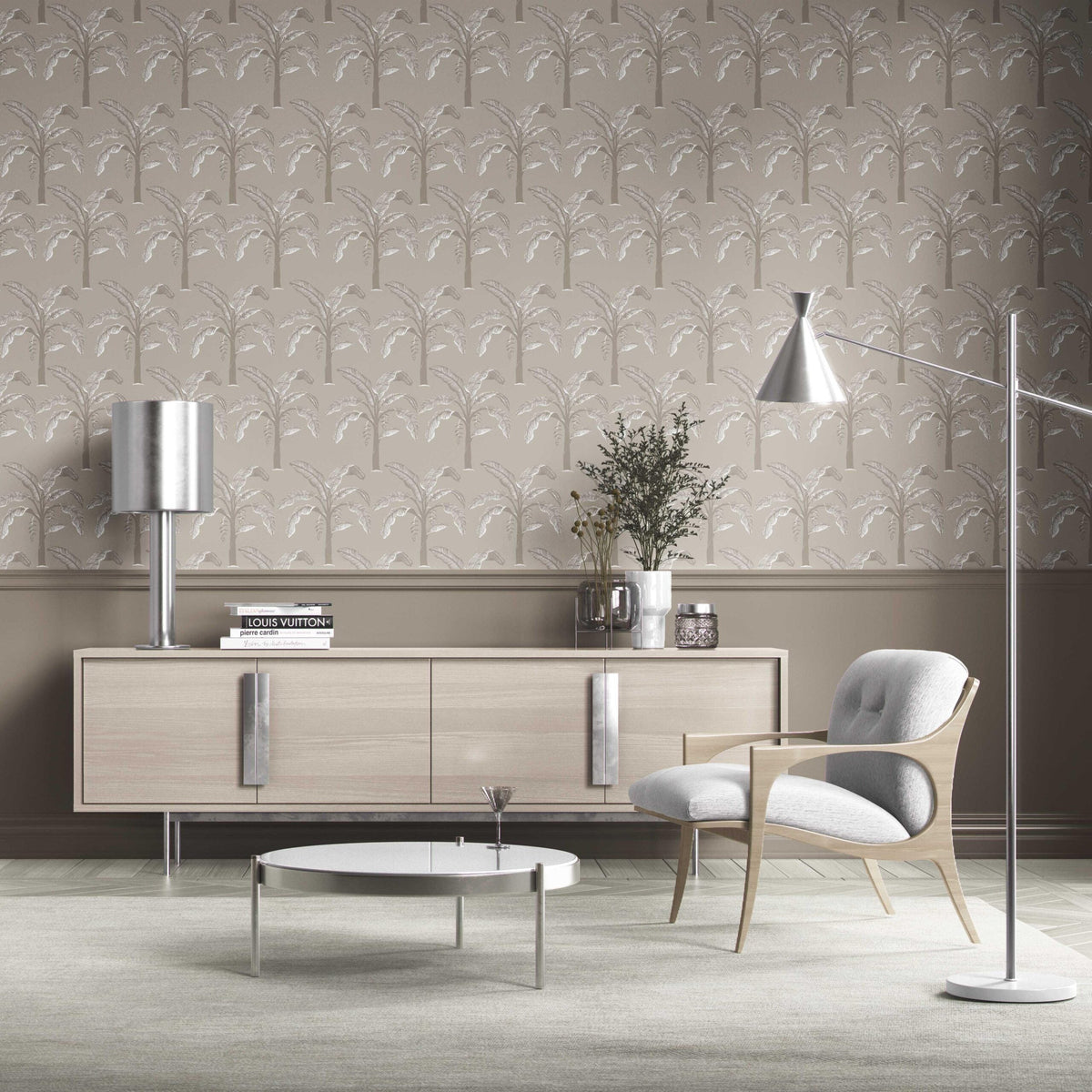 Floral/ Botanical Palm Trees Patterned Kitchen Wallpaper (Greige/ Soft Taupe/ Gray)