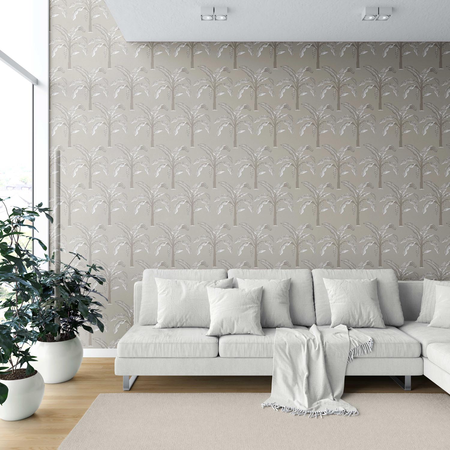 Floral/ Botanical Palm Trees Patterned Shower Toilet Wallpaper (Greige/ Soft Taupe/ Gray)