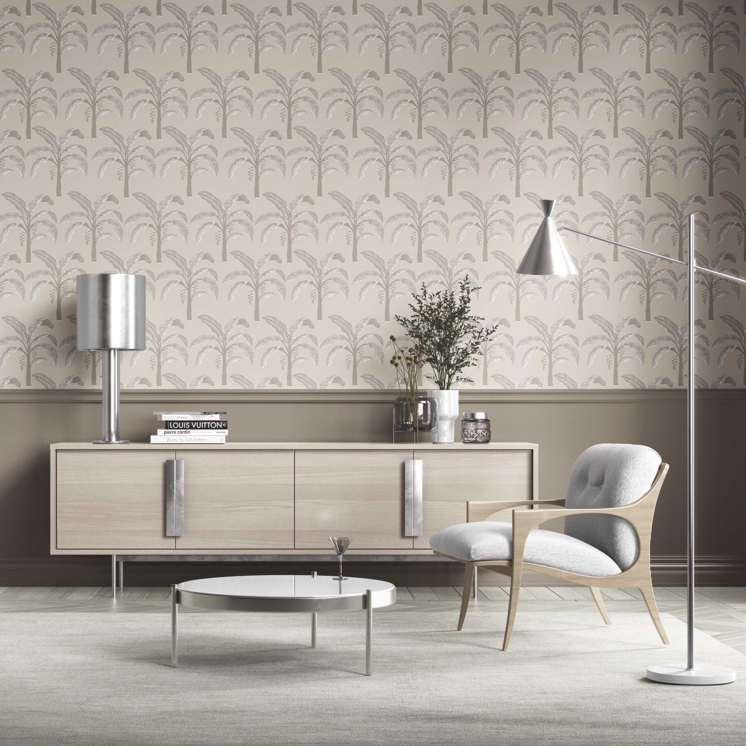 Floral/ Botanical Palm Trees Patterned Kitchen Wallpaper (Palm Beige/ Gray/ Soft Taupe)
