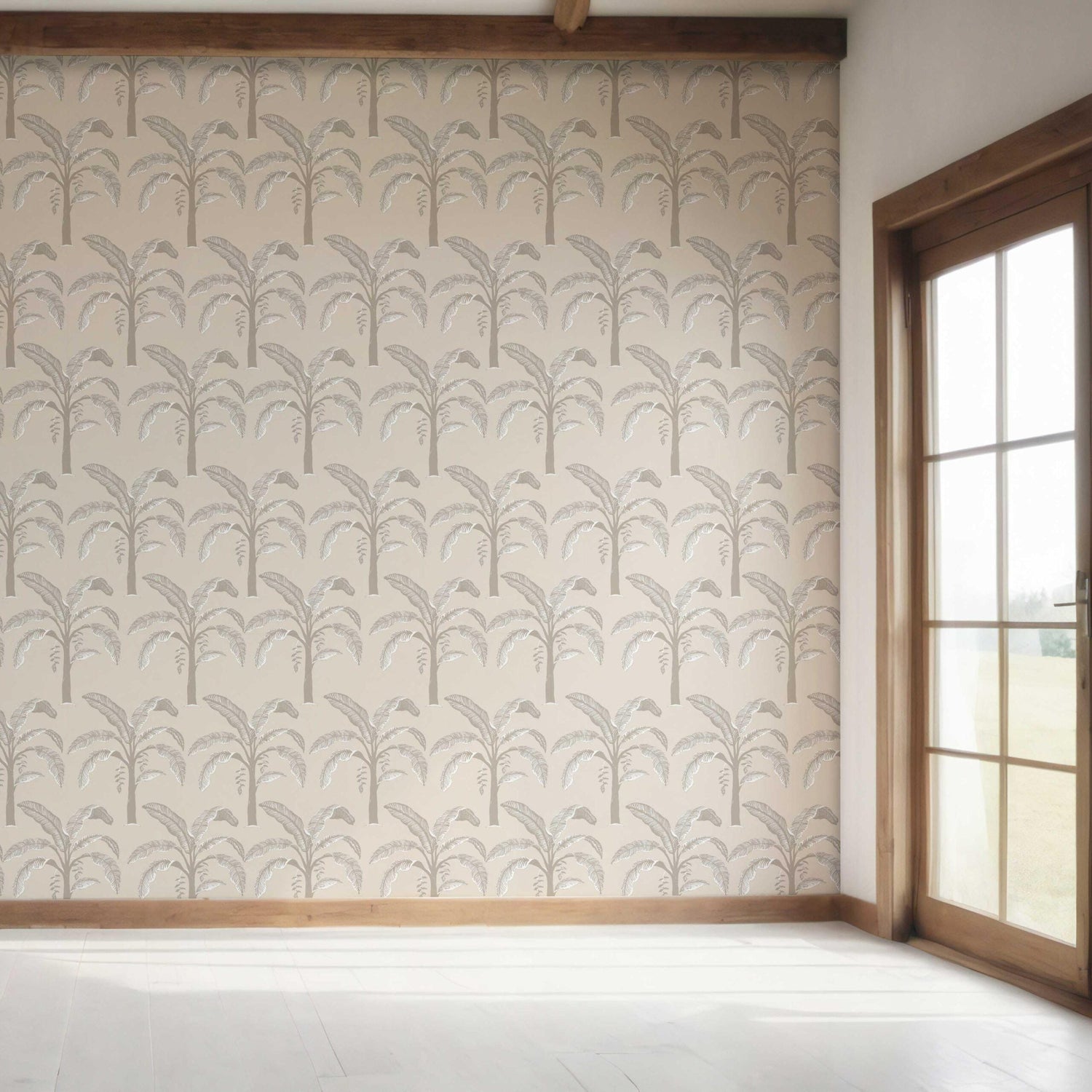 Floral/ Botanical Palm Trees Patterned Bedroom Wallpaper (Palm Beige/ Gray/ Soft Taupe)