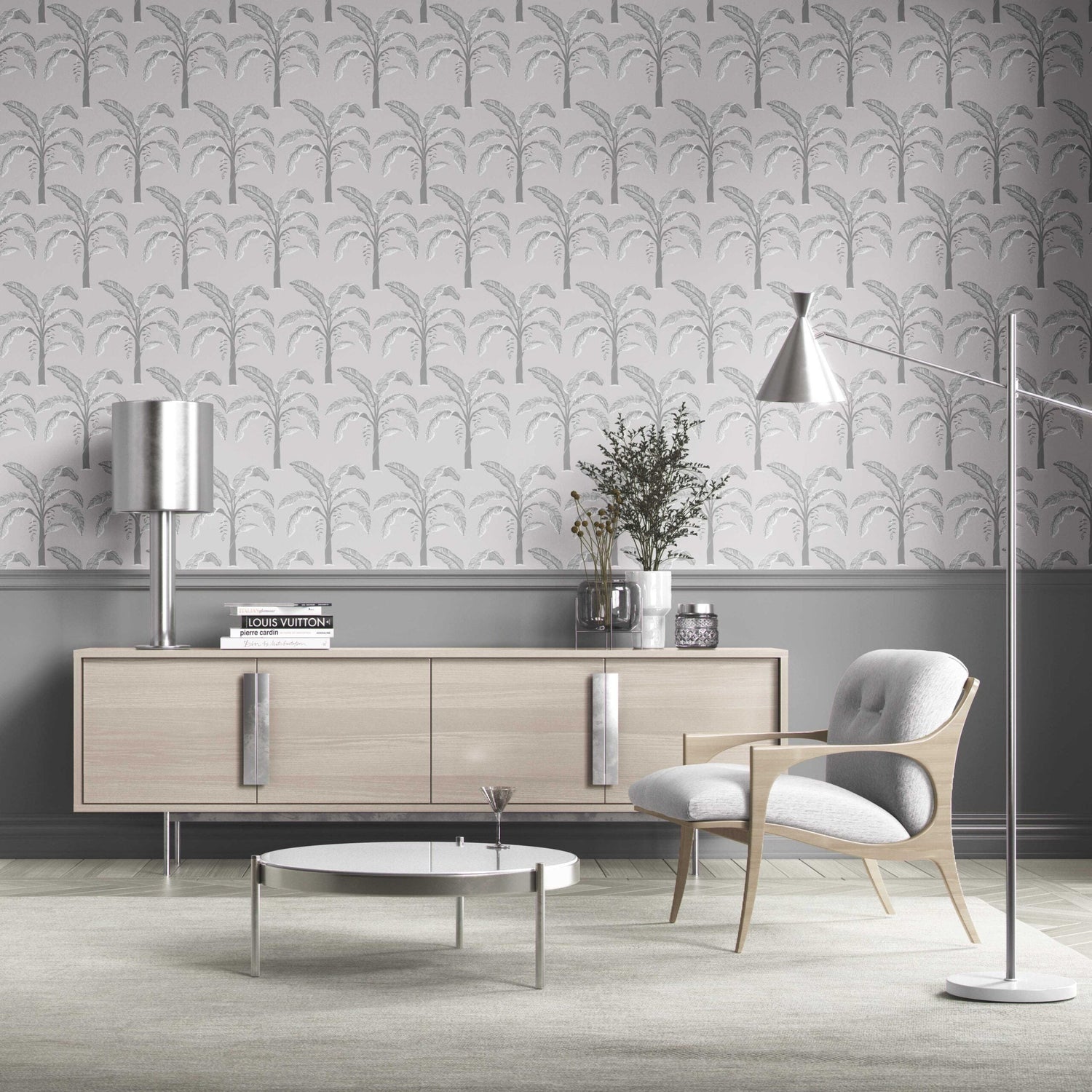 Floral/ Botanical Palm Trees Patterned Kitchen Wallpaper (Gray)
