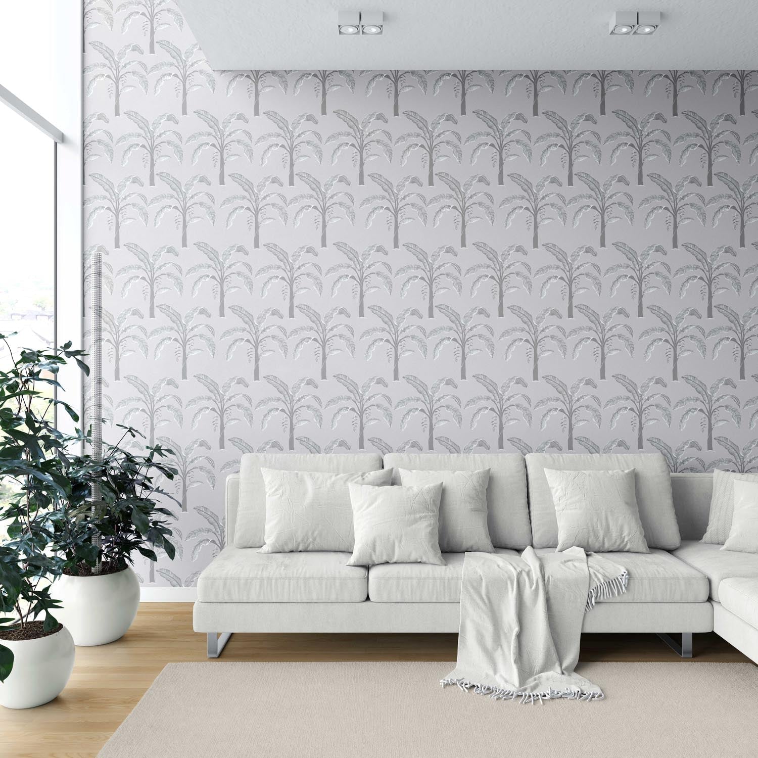 Floral/ Botanical Palm Trees Patterned Shower Toilet Wallpaper (Gray)