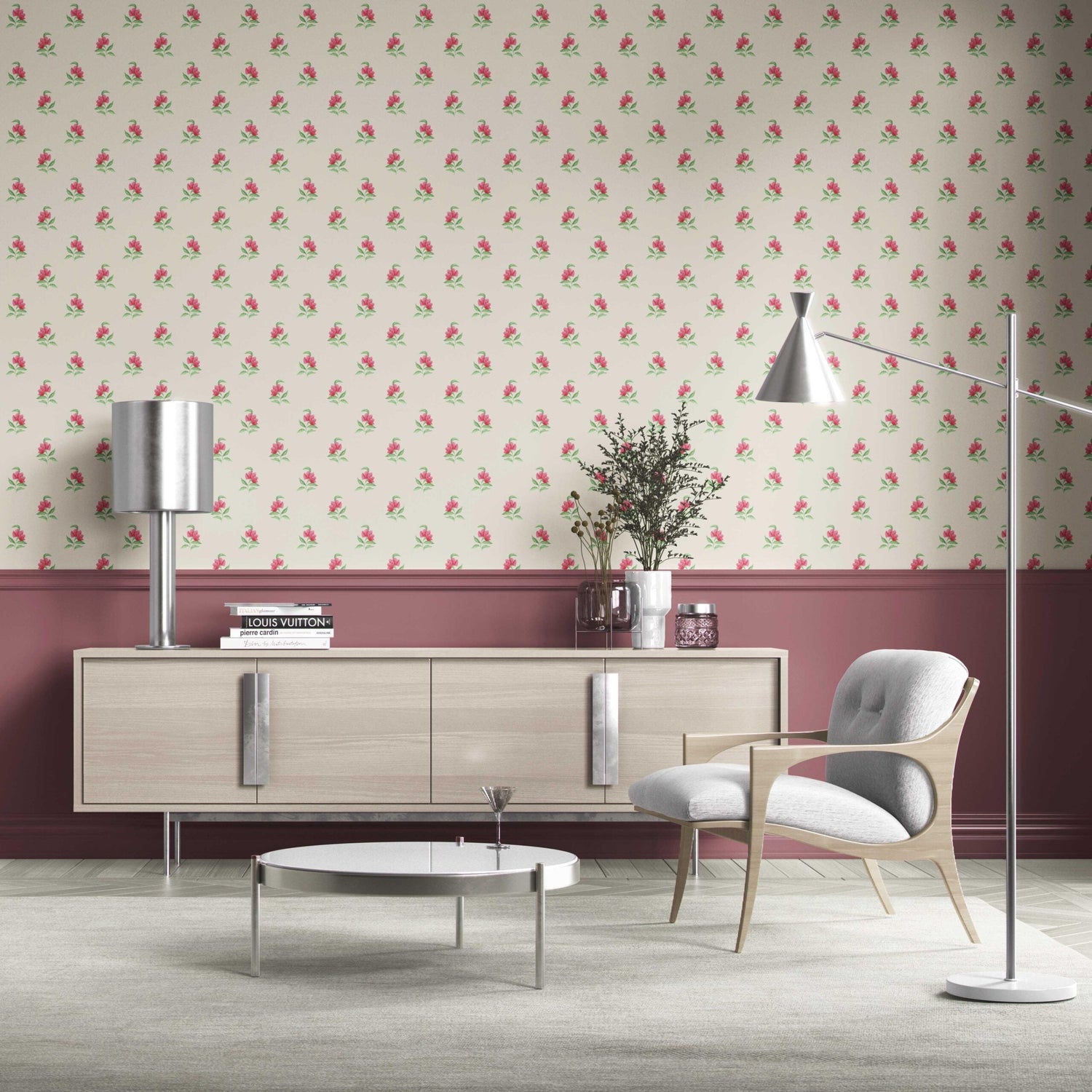 Vintage-Inspired Floral Block Print Bathroom Wallpaper (Pink/ Green/ Beige)
