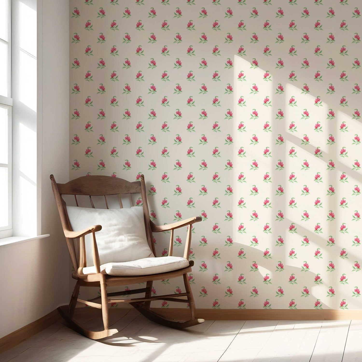 Vintage-Inspired Floral Block Print Nursery Wallpaper (Pink/ Green/ Beige)