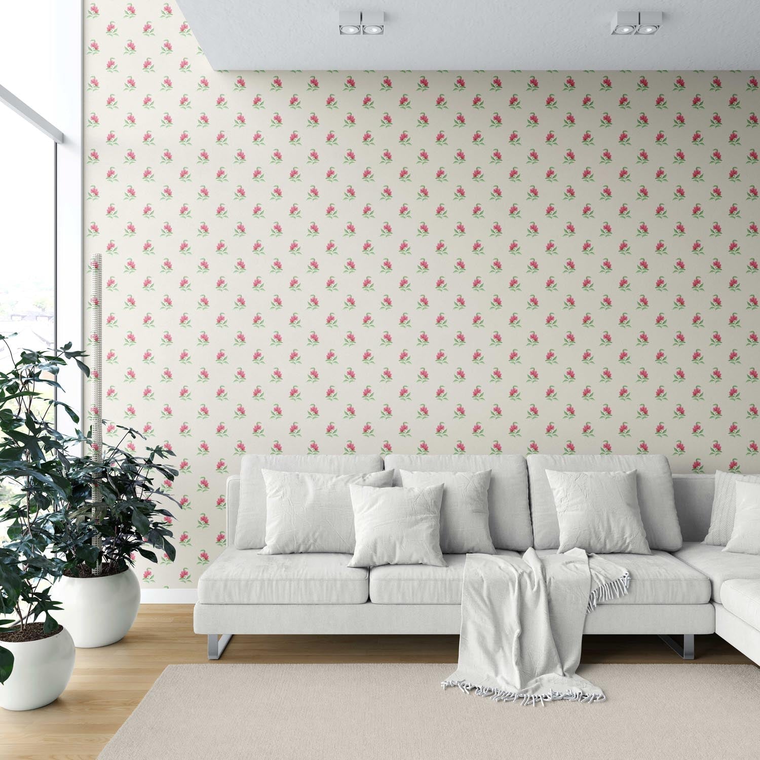 Vintage-Inspired Floral Block Print Shower Toilet Wallpaper (Pink/ Green/ Beige)