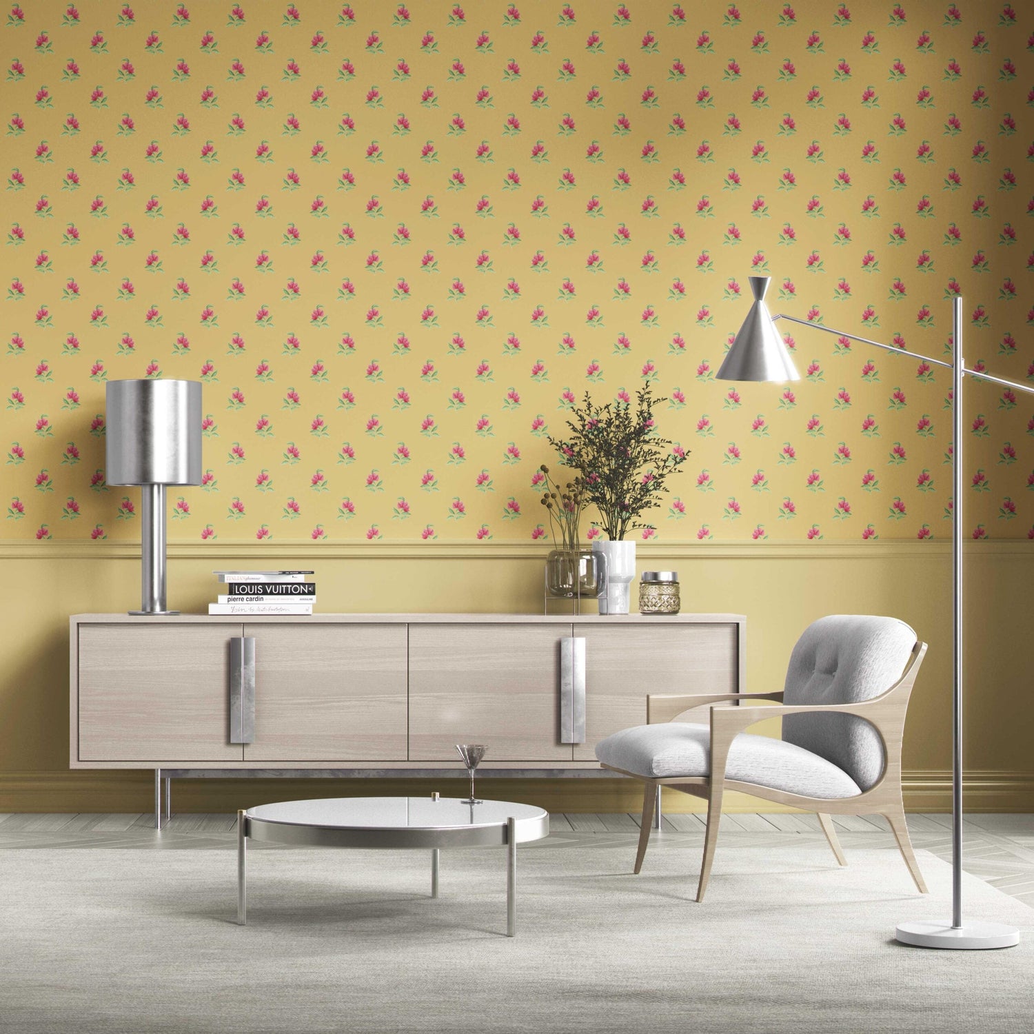 Vintage-Inspired Floral Block Print Bathroom Wallpaper (Yellow/ Pink/ Green)