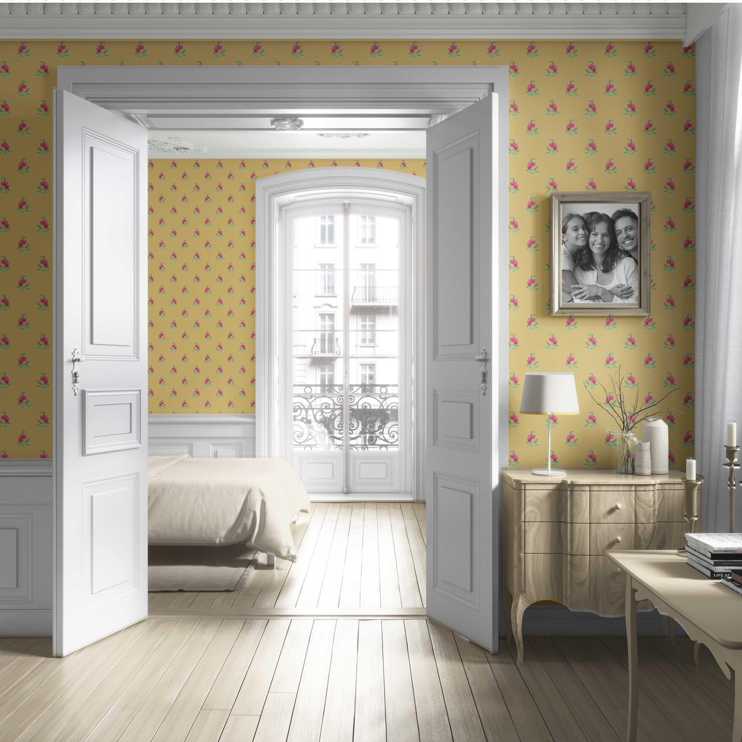 Vintage-Inspired Floral Block Print Living Room Wallpaper (Yellow/ Pink/ Green)