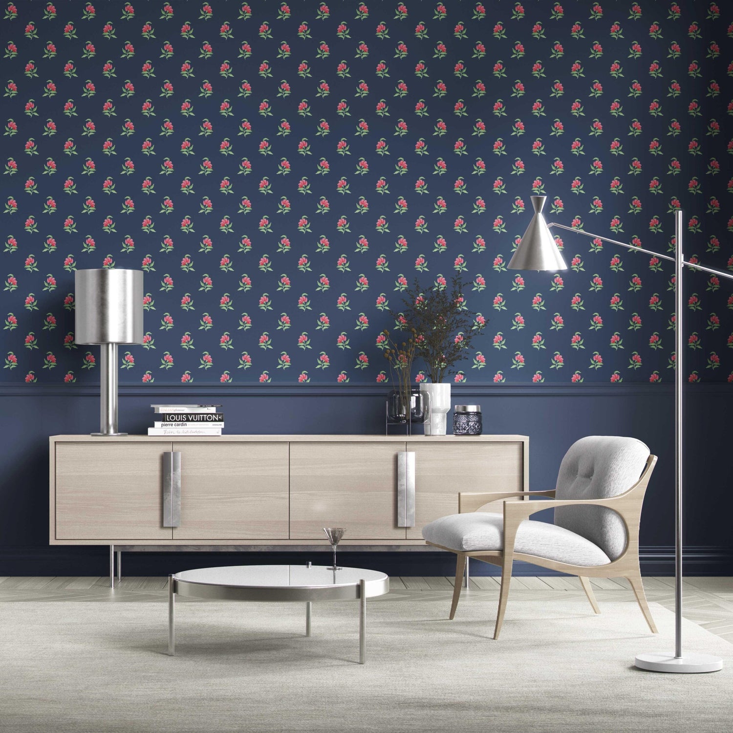 Vintage-Inspired Floral Block Print Bathroom Wallpaper (Navy Blue/ Pink/ Green)