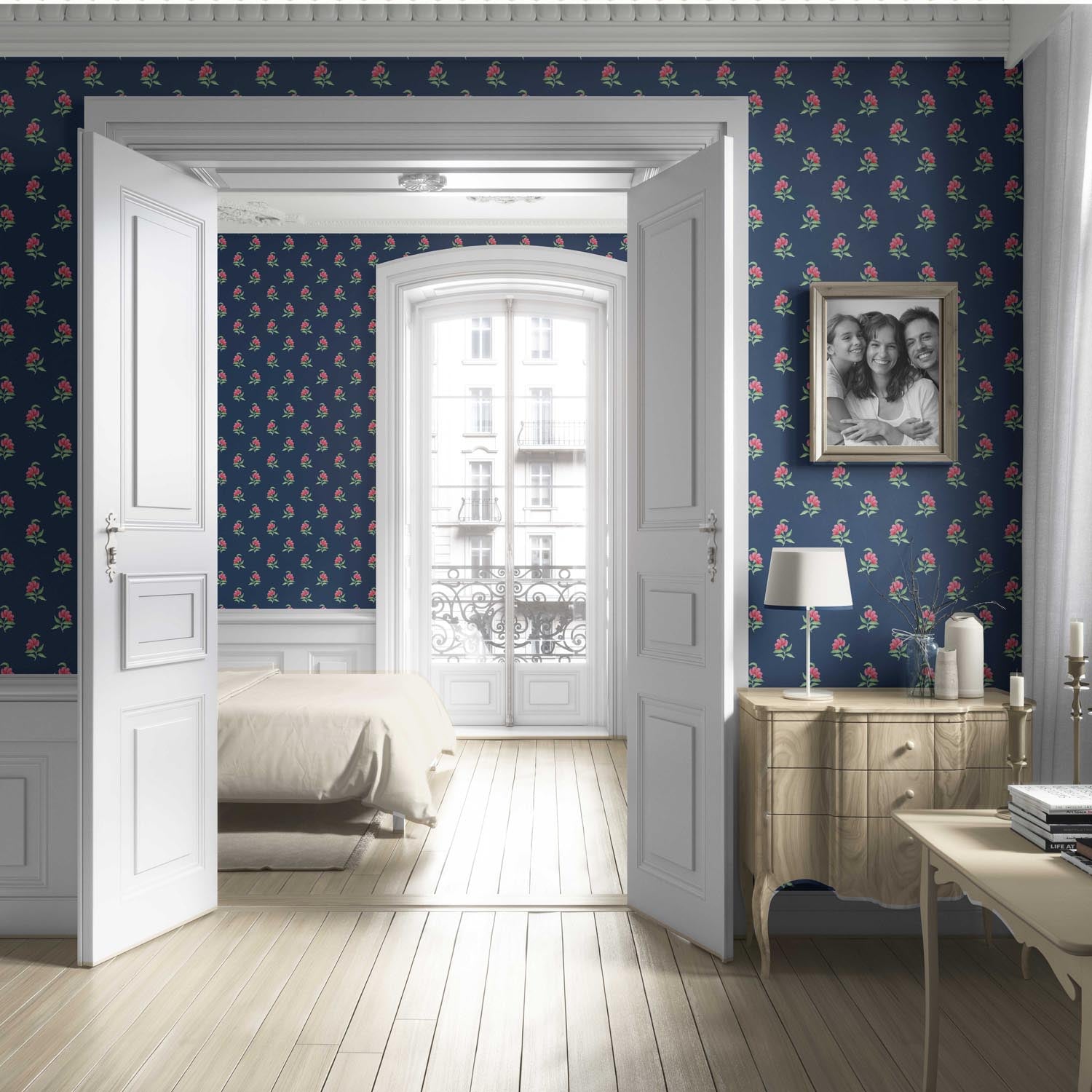 Vintage-Inspired Floral Block Print Living Room Wallpaper (Navy Blue/ Pink/ Green)