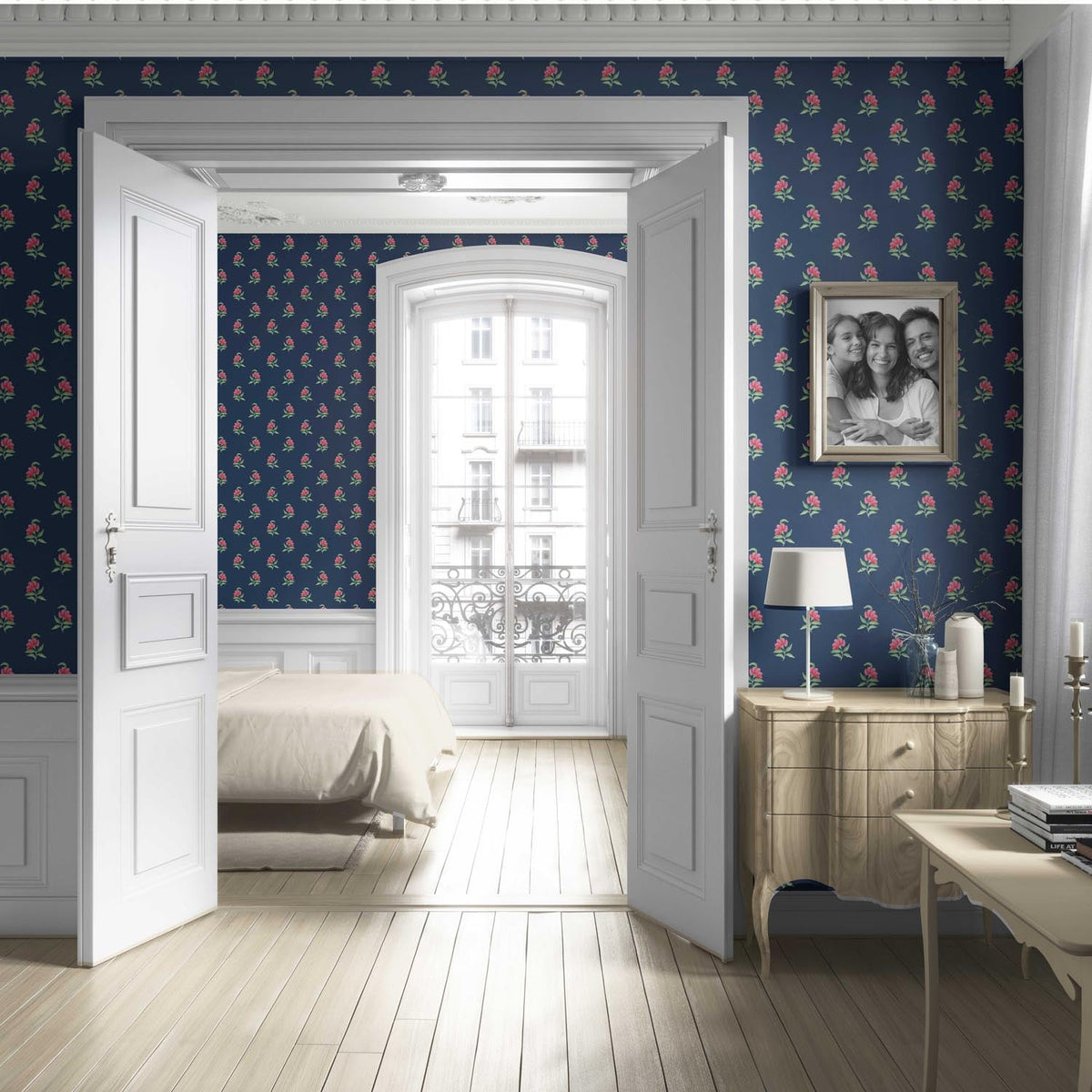 Vintage-Inspired Floral Block Print Living Room Wallpaper (Navy Blue/ Pink/ Green)