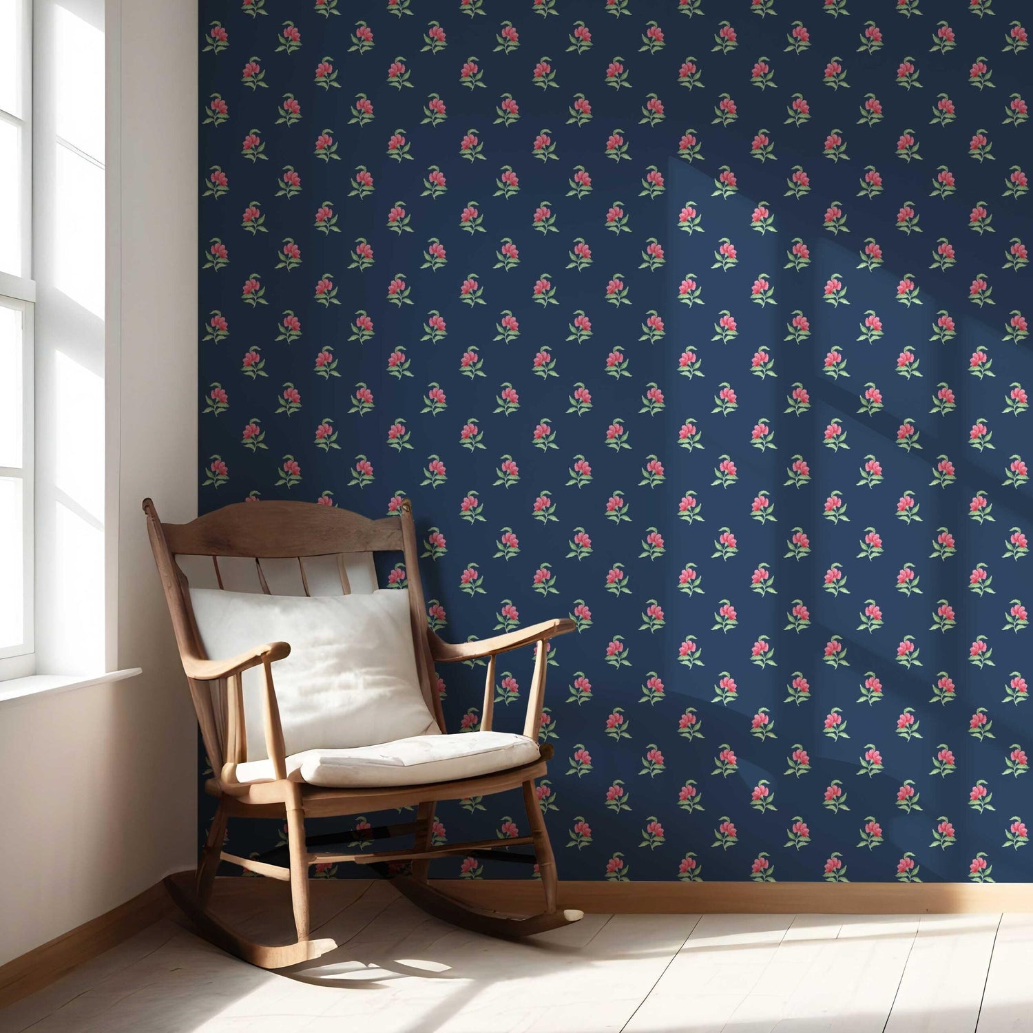 Vintage-Inspired Floral Block Print Nursery Wallpaper (Navy Blue/ Pink/ Green)