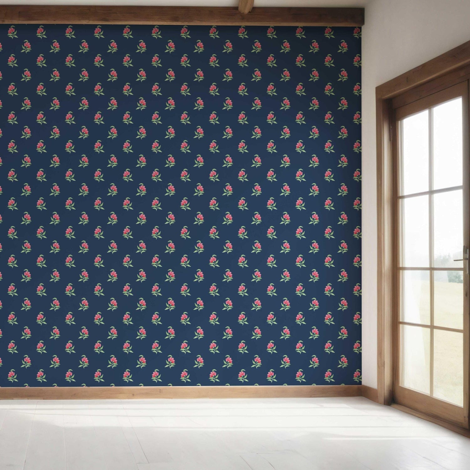 Vintage-Inspired Floral Block Print Bedroom Wallpaper (Navy Blue/ Pink/ Green)
