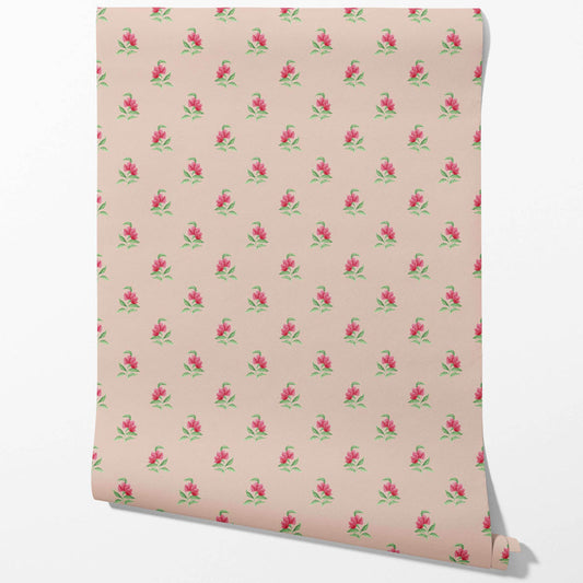 Vintage-Inspired Floral Block Print Traditional Wallpaper (Pink/ Green)