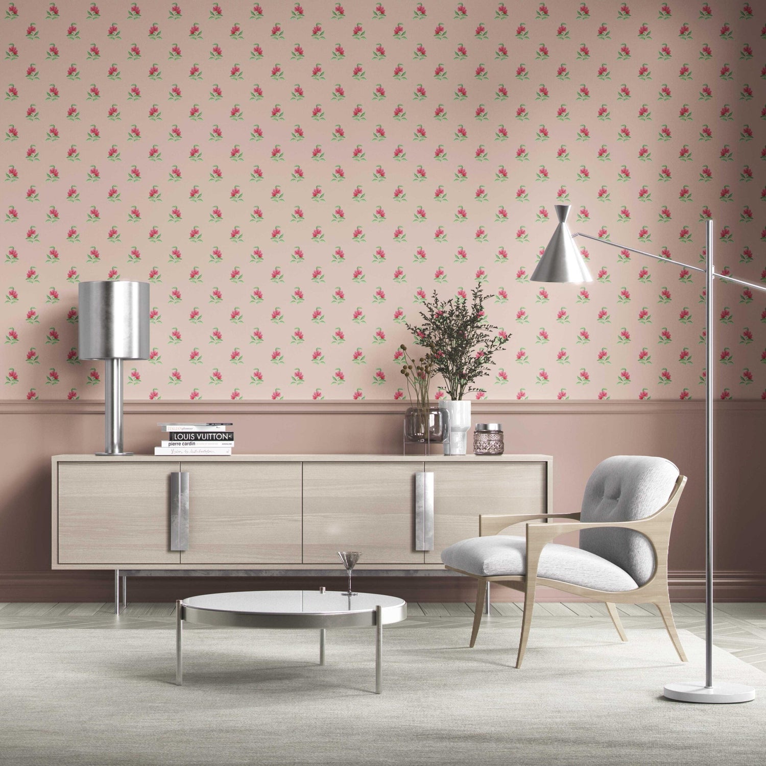 Vintage-Inspired Floral Block Print Bathroom Wallpaper (Pink/ Green)