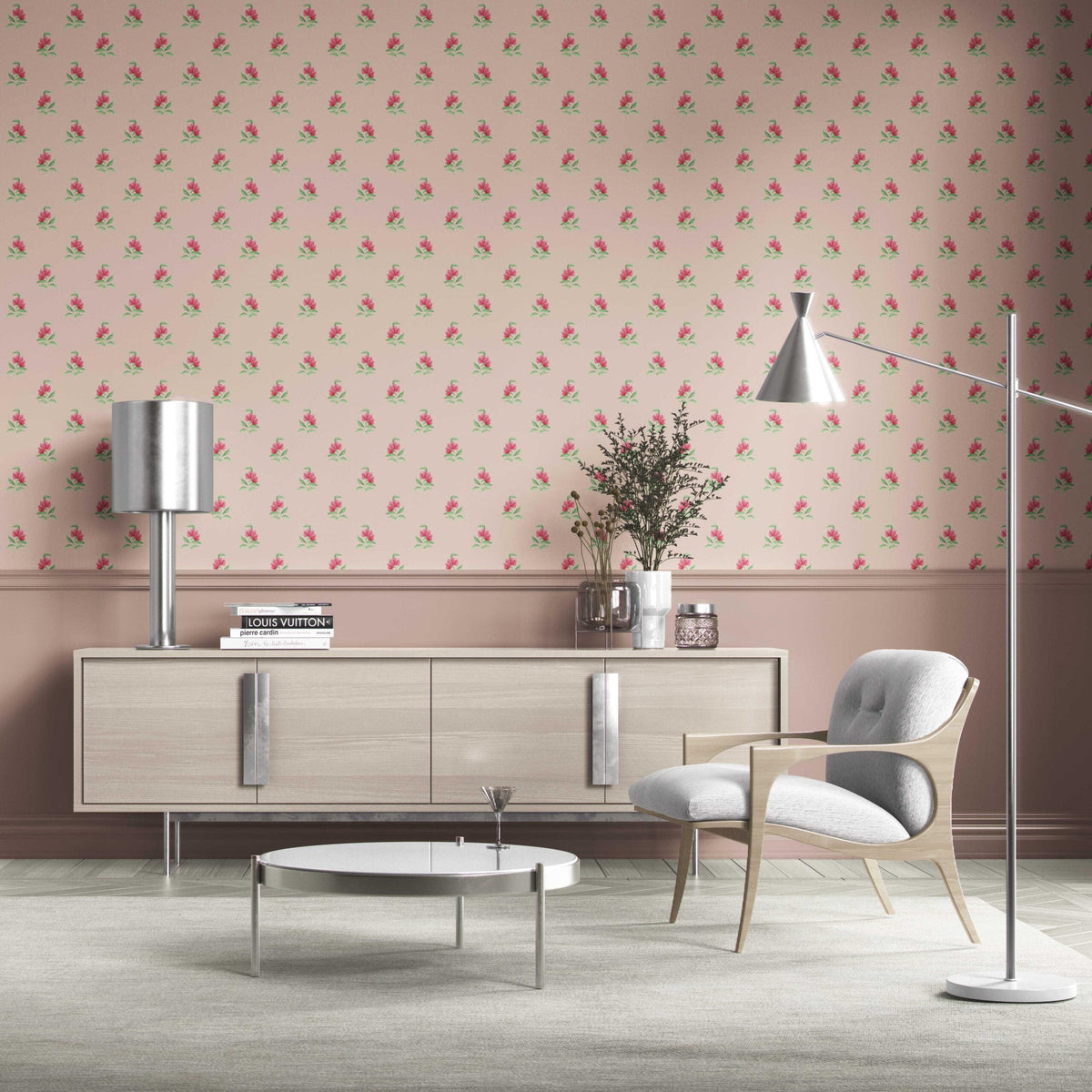 Vintage-Inspired Floral Block Print Bathroom Wallpaper (Pink/ Green)