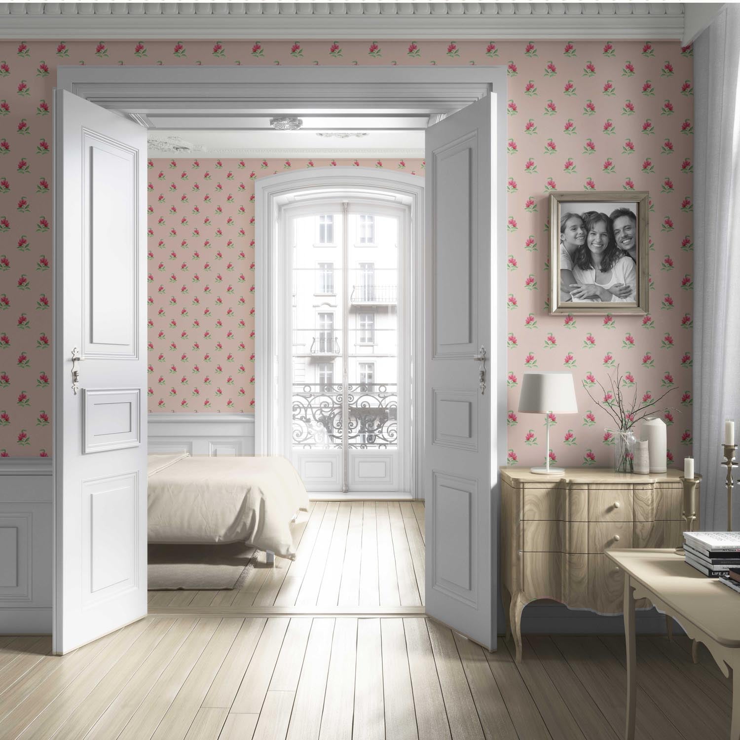 Vintage-Inspired Floral Block Print Living Room Wallpaper (Pink/ Green)