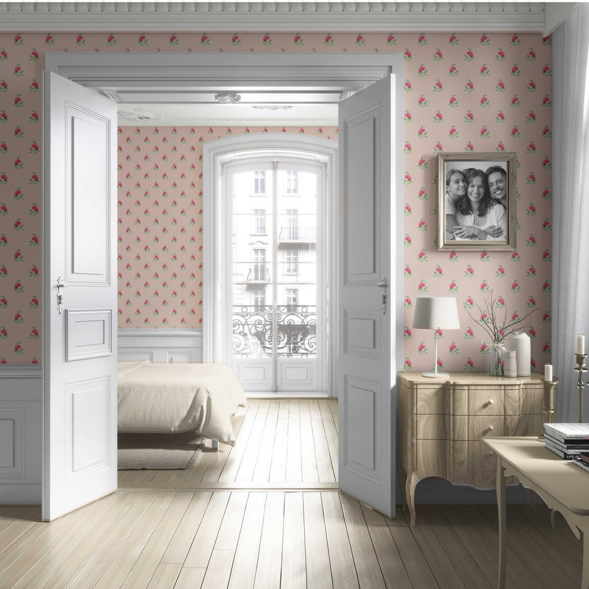 Vintage-Inspired Floral Block Print Living Room Wallpaper (Pink/ Green)